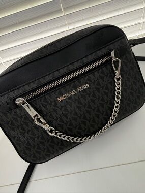 Michael Kors Black MK Signature SAFFIANO LEATHER Chain Crossbody